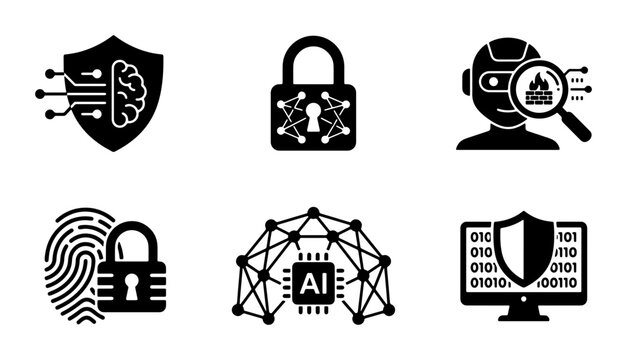 Cybersecurity Icons Set: AI Brain Shield, Digital Lock, Robot Scan, Fingerprint Security, Neural Network Chip, Binary Code Monitor