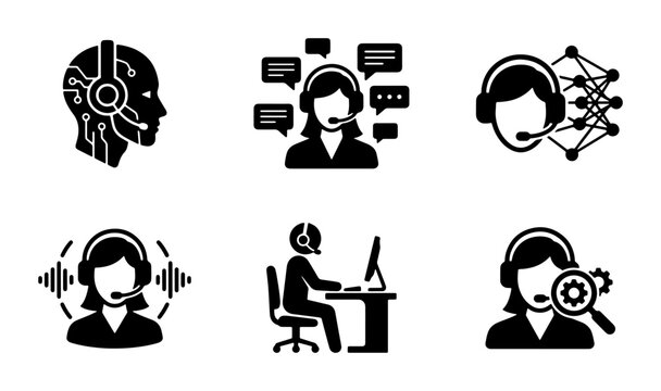 Customer Service Icons: AI Bot, Chat Support, Neural Network Operator, Sound Wave Analysis, Computer Workstation, and Gear Search