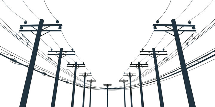 Perspective view of utility power poles and electric transmission lines isolated on minimal light background illustration