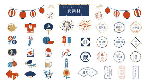 夏祭りの和風アイコンとフレーム装飾のベクターイラストセット　日本　夏