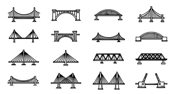 Collection of 15 different bridge types and designs in black and white