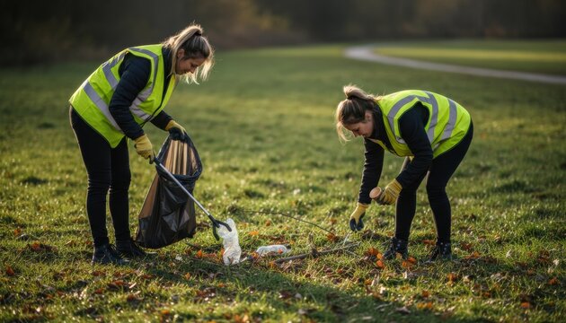 Two women in yellow safety vests cleaning up litter in a green park for environmental activism, community service projects and ecological awareness campaigns