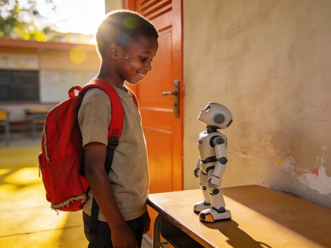 Young African child with a red school bag smiling at a small robot in a classroom for artificial intelligence storytelling, technology education and STEM learning