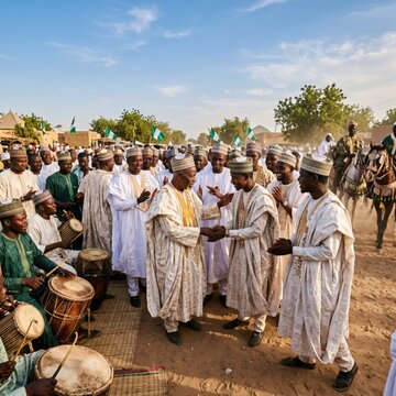 Group of Nigerian men in traditional agbada and fula hats gathered for a celebration with drums and horses for cultural storytelling, heritage travel and national pride