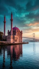 Obraz premium Dramatic sunrise sky over a pink mosque and suspension bridge at the waterfront for travel editorial, cultural heritage campaigns and architectural lifestyle features