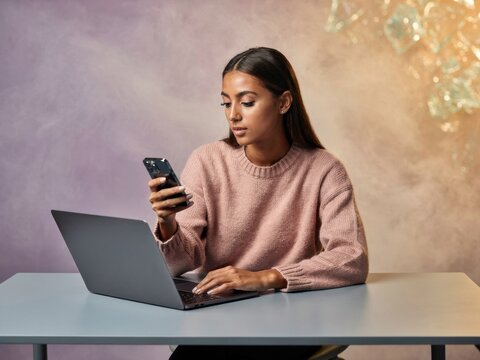 Focused young woman in a pink sweater multitasking with a laptop and smartphone for digital lifestyle blogs, remote work advertising and mobile technology campaigns
