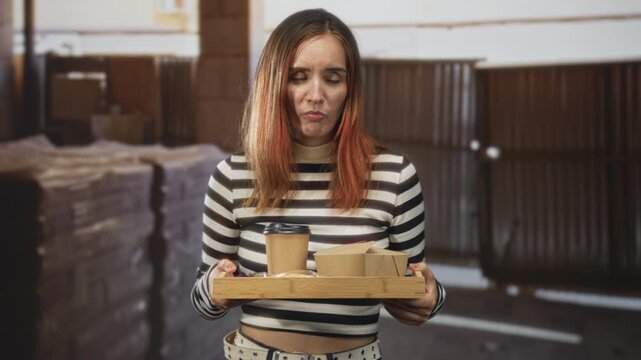 Woman holding a wooden tray with takeaway box and coffee cup, pouting while presenting food inside a warehouse building; disappointment fatigue.