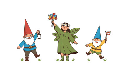 Fototapeta premium Happy Garden Gnomes and Forest Fairy with Flowers Illustration