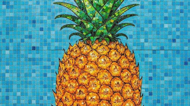 Mosaic pineapple art tile work. Bright yellow fruit with green leafy crown set against blue tiled background. Textured tropical summer design, decorative pattern.