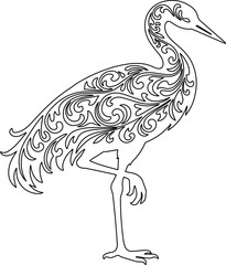 Obraz premium Elegant heron vector illustration, intricate scrollwork and floral patterns, black and white ornamental bird design, decorative crane artwork for luxury branding and nature themes