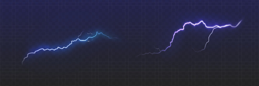 Set of the isolated realistic lightnings with transparency for design. Thunder-storm and lightnings. Magic and bright lighting effects. Natural effects