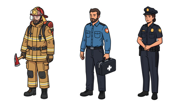 First Responders Illustration Set: Firefighter, Paramedic, and Police Officer Characters in Uniform