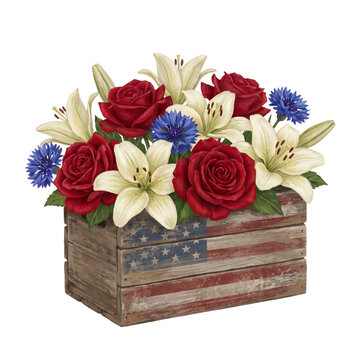 Patriotic flower arrangement in wooden crate with red roses white lilies and blue flowers in rustic distressed American flag design for Independence Day