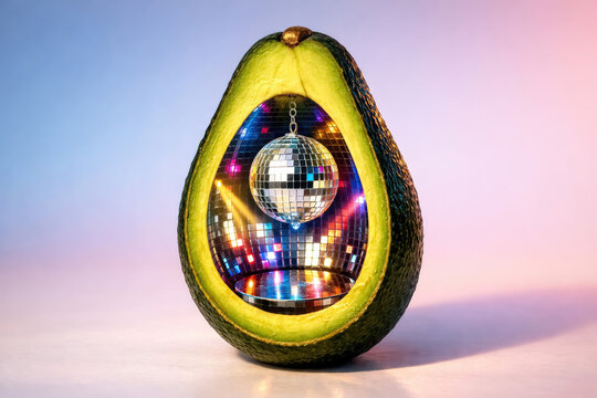 Halved avocado containing a miniature disco ball inside with colorful reflections on a soft blue and pink gradient background