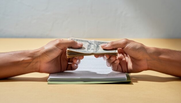 Two pairs of hands exchanging folded cash over documents on a light-colored surface for financial transaction campaigns, business deal concepts and banking visuals