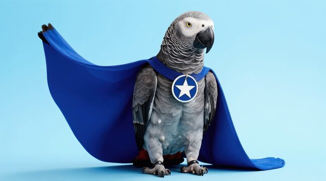 African grey parrot dressed as superhero with blue cape and star emblem. Bird stands confidently against light blue background, ready for action. Ready to save world. Bird illustration.