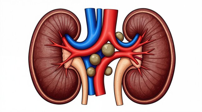 Medical illustration showing human kidney internal structure with stones. Cross section displays renal organ damage, blood vessels, ureter. Illustrates kidney stones causing pain, affecting urinary