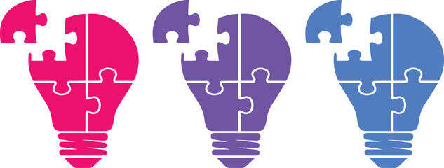 Fototapeta premium Creative lightbulb puzzle vector set, colorful solution concept, innovation and problem-solving graphic, idea generation illustration for business and education