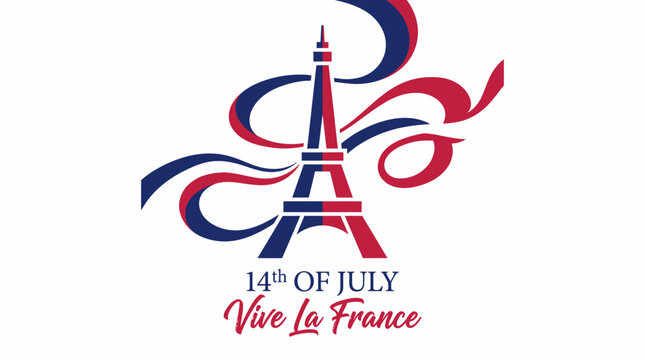 Stylized Eiffel Tower with blue and red ribbons celebrating Bastille Day over France, colorful national tribute artwork.