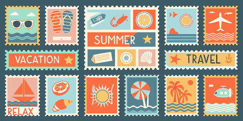Collection of colorful summer vacation postage stamps with travel themed illustrations high quality professional detailed © Nikhil