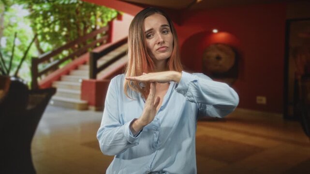 Young woman making time out gesture with hands in building lobby by staircase and indoor plants; frustration.