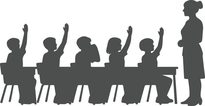 Classroom education vector silhouette, elementary school students raising hands, teacher instructing, learning environment illustration, academic success concept.