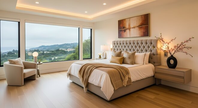 Spacious master bedroom with scenic mountain view large windows tufted headboard and cozy neutral interior.