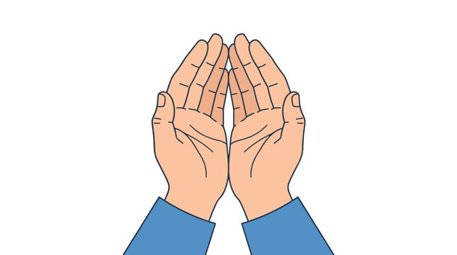 A pair of cupped hands in a supplication pose are shown in a clean vector graphic style against a solid white background with blue sleeve accents.