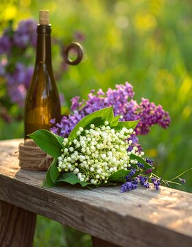 Bottle, flowers, and twine on rustic wood