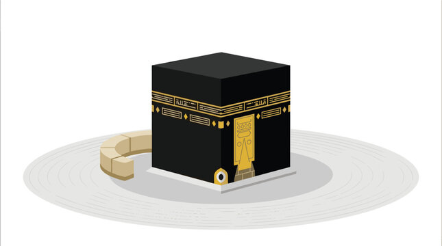 The black Kaaba cube stands centered on a light grey circular platform featuring a semi-circular stone enclosure wall set against a plain white studio background.