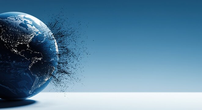 Blue atmospheric background with earth globe and radiating particles for global connectivity, world network technology and environmental data visualization