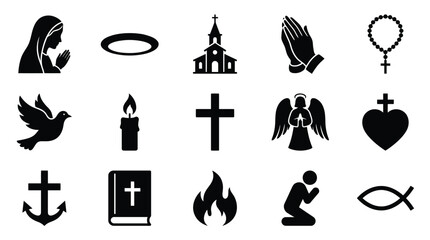 Naklejka premium Collection of Christian religious symbols and icons representing faith and spirituality.