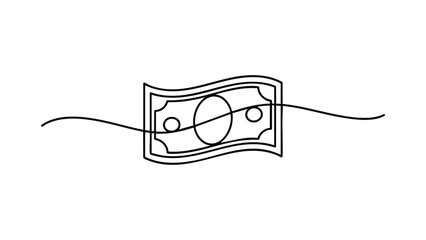 Fototapeta premium Paper money bill, single continuous line drawing, isolated on transparent background.