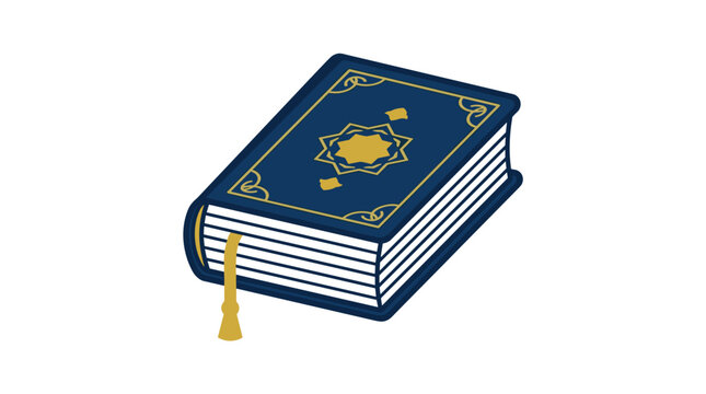 A dark blue hardcover book with golden star ornamentation and a thick ribbon bookmark displayed in an isometric angle against a neutral white background.