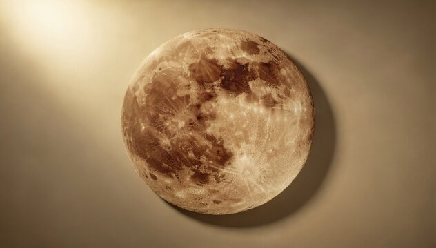 Glowing brown full moon centered on a golden warm background with craters and ray systems for astronomy education, religious holidays and luxury night sky editorial