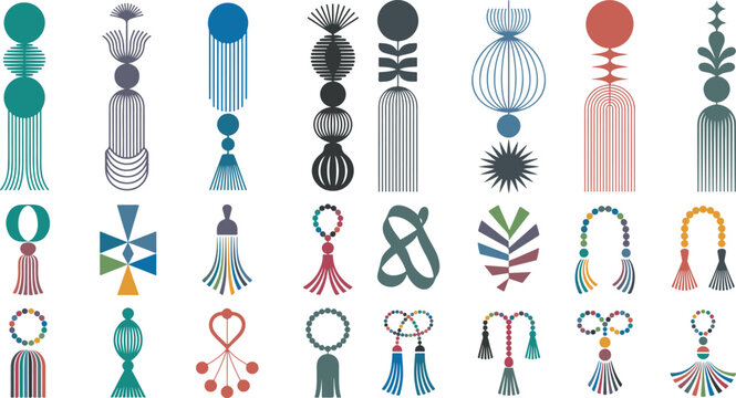 Collection of colorful tassel and bead designs on white background