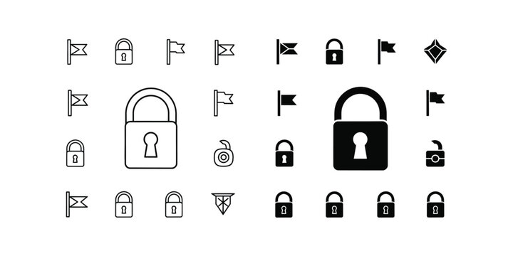 Set of flat design lock and flag icons in black and white