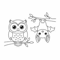 Fototapeta premium Nocturnal Animals Owl and Bat on Tree Branch Coloring Page