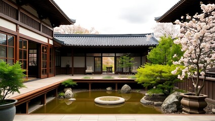 Naklejka premium Japanese luxury terrace with Zen garden, Kyoto-style architecture, cherry blossoms in the background