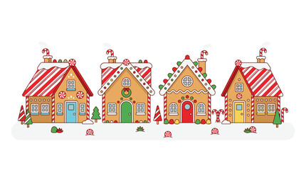Obraz premium Four distinct gingerbread houses featuring colorful doors and candy cane decorations are lined up side by side on a snowy ground against a white background.