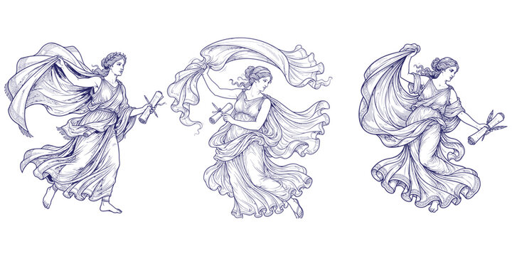 Greek goddesses holding scrolls and flowing fabric in classical mythological line art style with elegant feminine figures.