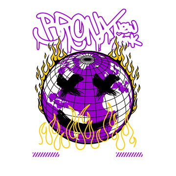 Y2K acid graphics world globe with burning flames and graffiti smile face