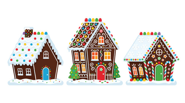Three unique gingerbread houses with intricate icing patterns and colorful candy details are placed together on a snowy base against a clean white background.