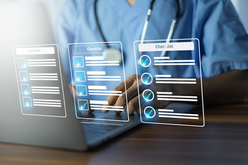 Fototapeta na wymiar Healthcare professional reviewing digital checklist and patient records on laptop for clinical workflow management and medical data organization