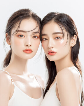 日本人, 女性, 2人, 10代, 18歳, 友達, 親友, 姉妹, ペア, 美肌, 透明感, 白背景, スキンケア, ビューティー, 笑顔, 仲良し, 清潔感, 爽やか, ポートレート, ナチュラル, 黒髪, ロングヘア, キャミソール, 白, 輝き, 美白, 素肌, 健康的, 潤い, ツヤ肌, 瑞々しい, ミニマル, 清楚, ライフスタイル, コピースペース, 切り抜き, 広告素材