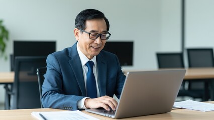 Fototapeta premium Focused in the Workplace: An Asian businessman, fully immersed in his work, sits attentively at his desk. With a blend of experience and modern tools.