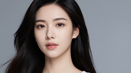 Fototapeta premium Captivating Portrait: A close-up shot of a stunning woman, her beauty and poise enhanced by a soft, natural aesthetic. 