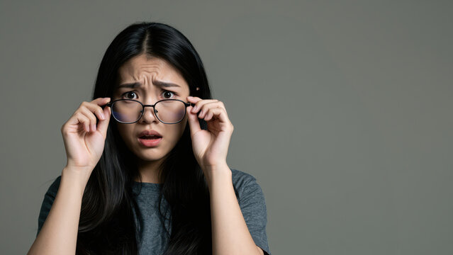 Intense Scrutiny: A woman, wearing glasses and a gray top, gazes with an expression of astonishment and concern. Capturing the feeling of a surprising and questionable moment