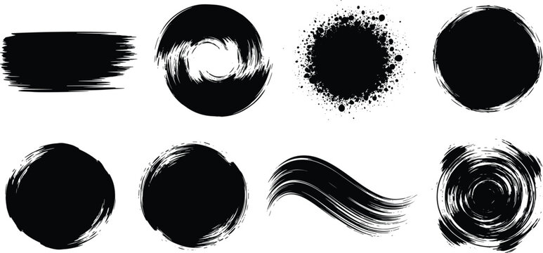 Abstract black ink textures set with grunge brush strokes splattered paint circles and hand drawn artistic wash elements for zen logos and creative graphic design