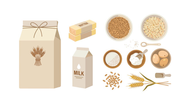 A collection of essential baking ingredients including milk, butter, wheat, eggs, and flour is arranged on a flat surface in a soft muted color palette.